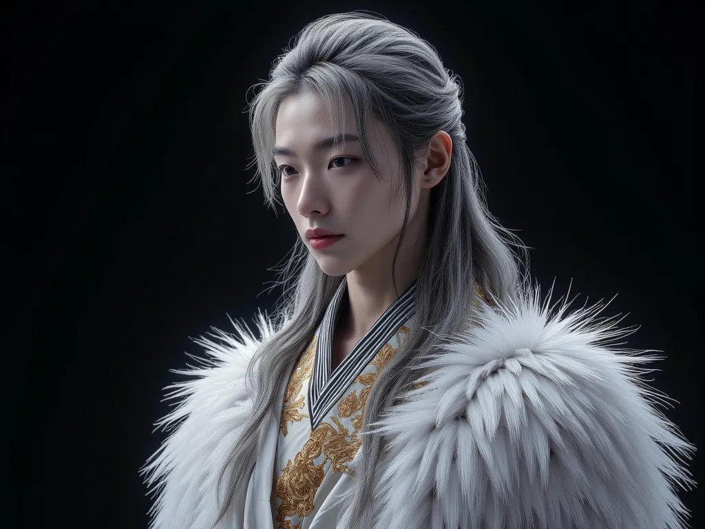 20 year old man, Very handsome , Korean Series Stars, White skin, handsome, Long grey silhouette, Hair Sets, Hair swept up , ใส่เจลHair Sets, black background, masterpieces., of the best quality,  Cool personality ,  a man, Detailed image, clear, Shiny, Co...