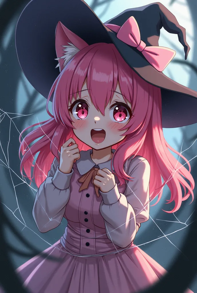 Anime styled Pink haired cat girl with a witch hat that has a bow gets her arms and torso tangled in spider webs with eyes closed and mouth wide open struggling and unable to move