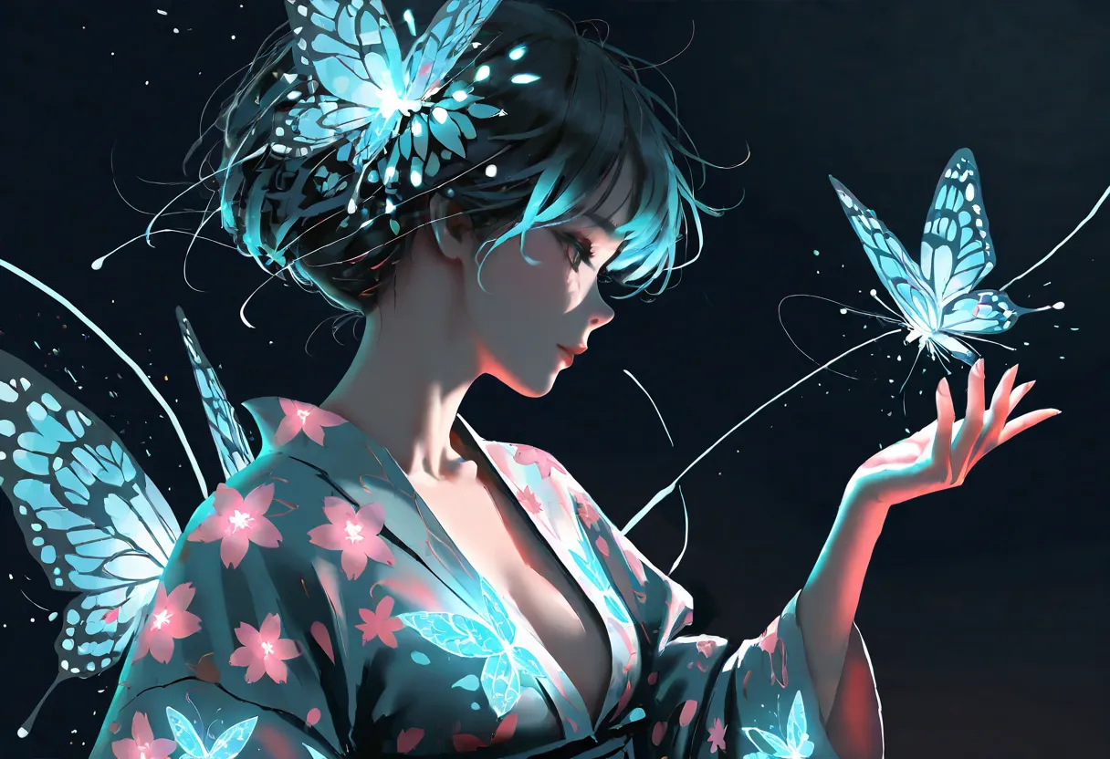 Tranquil anime girl, traditional yet futuristic kimono, glowing floral patterns, energy ribbons, bioluminescent butterflies, soft ethereal glow, dark background, detailed digital art, WLOP inspired, --ar 3:4 --style raw --profile --stylize 200