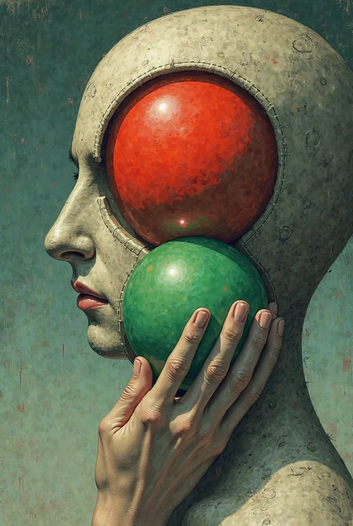 A red ball and a green ball inside a head, one hand is holding the green ball.