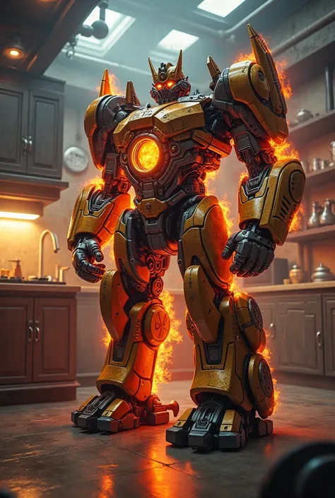 Backofen-Transformer. The transformer is a strong, robot-like warrior with an oven, which serves as a huge oven. The robot's arms resemble grill skewers, and flames rise from his chest. The background is a futuristic kitchen, in which the oven plays the ma...