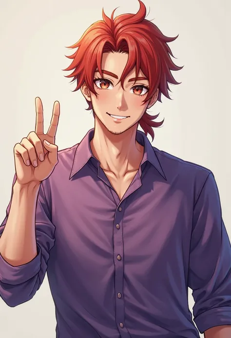 A red-haired guy, about 27 years old, with shoulder-length hair in a ponytail, disheveled, wearing a purple shirt, stands smiling and holding his finger up that everything will be fine