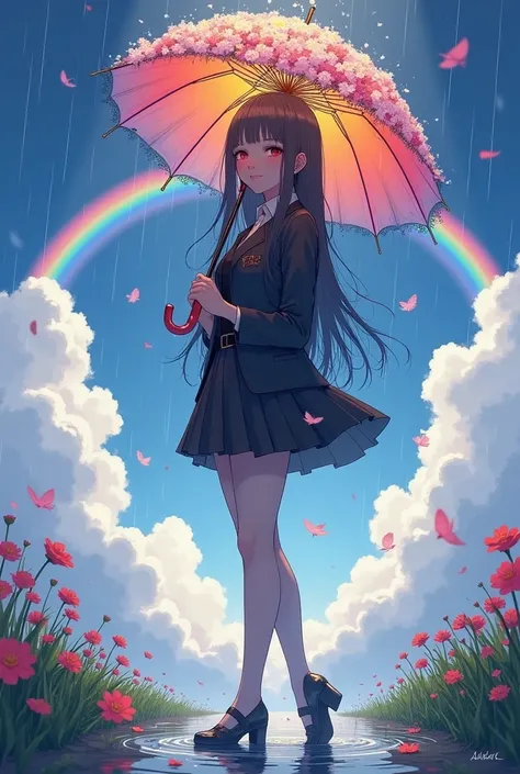 Greatest Masterpiece、A woman holding an flowers umbrella,Holding a flower umbrella with both hands, rainbow-colored hair,Long Hair,Black Uniform,mini skirt　A rainbow appears,noon,It rains,Reflection on the water horizon, standing on liquid 　Catch the wind、...