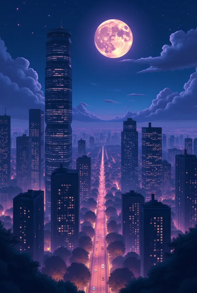 
Let's create a picture of a city in a night anime with a long moon to put the wallpaper but this picture is too small together it has to be chill and romantic anymore with no need to draw people and there are modern high-rise buildings with golden purple ...