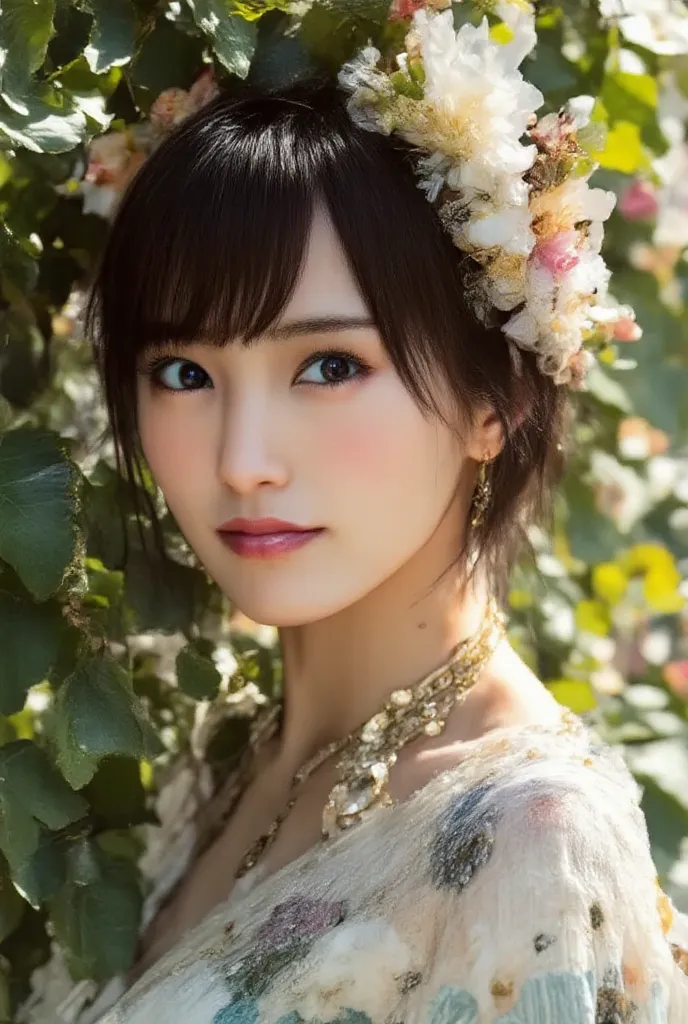  super real  ,  photorealistic,   dramatic scenes around , shadow, global illumination,  1 girl\(  beautiful17歳の日本人の女の子 , beautiful  ,,   slightly open mouth \),   Mr.々flowers that look like they are in full bloom ,  is wrapped in a dreamy atmosphere, Fant...