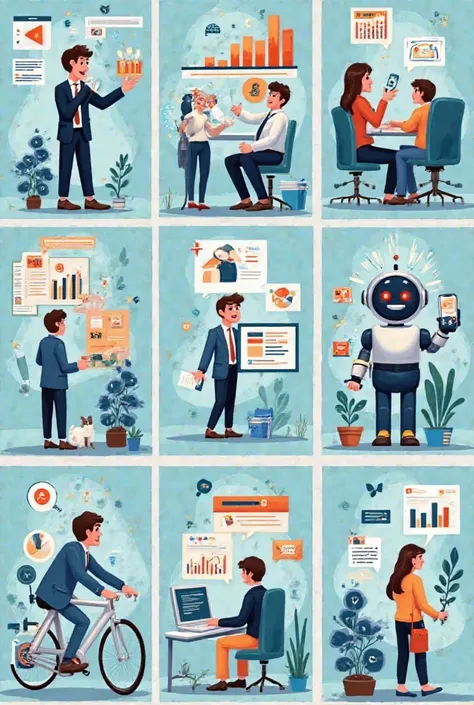 Posters in marketing, with businessmen, with graphs, with money, with buildings, with various social icons such as phase IG, tiktok, with a screen light, with AI robots working, all the themes are in cartoon style, and the keyword text is written as the ke...