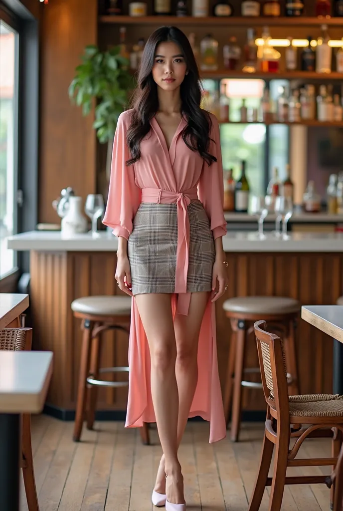 Image of a beautiful young indonesian woman standing in a restaurant or bar. She wore a pink dress with a pink blouse and a plaid skirt. She had long black hair and wore white high heels. The woman posed with one hand on her hip and the other hand resting ...