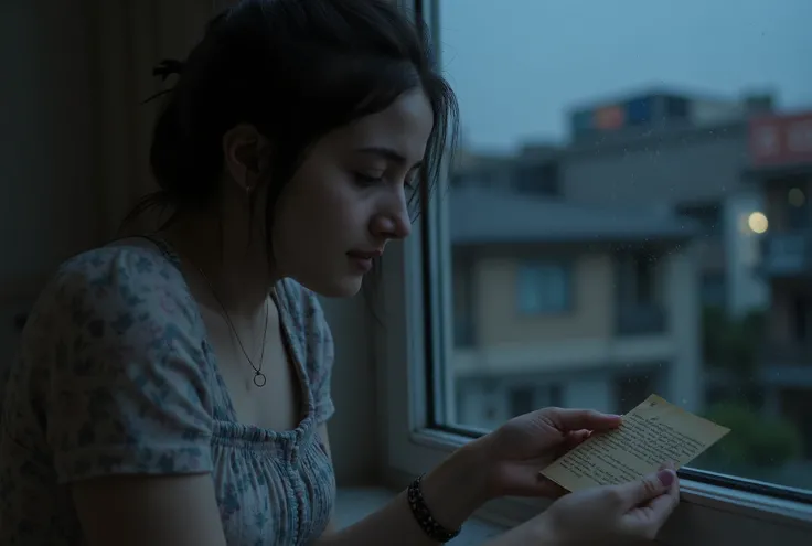"A beautiful young woman with a sad expression, her eyes glistening as if holding back tears. She sits alone by the window in the dim twilight, creating a melancholic atmosphere. Her hair is a little messy, and her hand holds a piece of letter or an old ph...