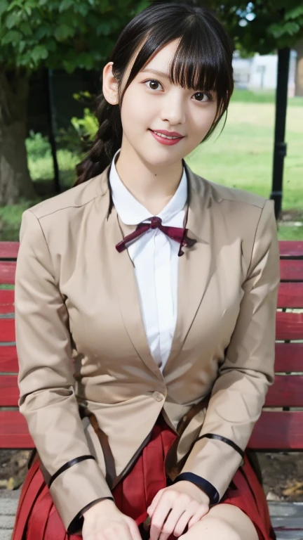  school uniform, ribbons, pleated skirt， mine-type makeup， red lipstick，eyeshadow、smile，Take a full-body photo，stylish，style is outstanding， soft big breasts，Japanese Female， Brown Blazer，Beautiful legs，， Gold，best image quality，Highest quality， masterpiec...