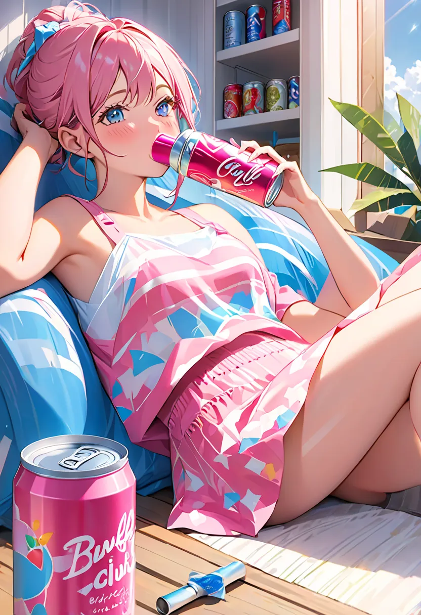 Elegant woman sipping a can of pink and blue cans at Home, In a can「BYSELF」 with , [drink, Home,  Stay Laid-Back and Cool ,  blanking,  twinkle in both armpits,  relax,  I'm a little drunk , Product Photos