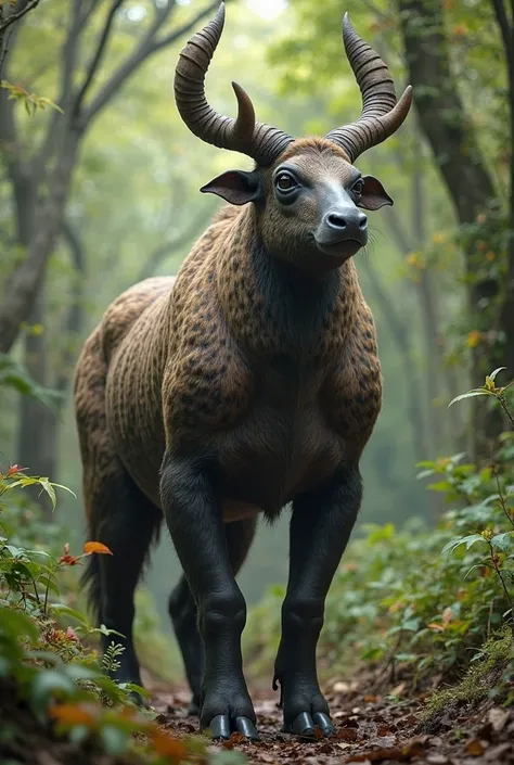 strange hybrid emerges from the jungle—a fusion of a Megatherium and a Saola. This colossal beast stands on sturdy sloth-like legs but possesses the sleek body and curved horns of the Saola. Its thick fur is dappled with subtle patterns, helping it blend i...