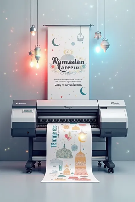 "Design a realistic scene where a printing machine is actively printing a Ramadan greeting banner or cards. The printing machine should be central in the design, with paper coming out of it and transforming into Ramadan-themed greeting cards or banners. Th...