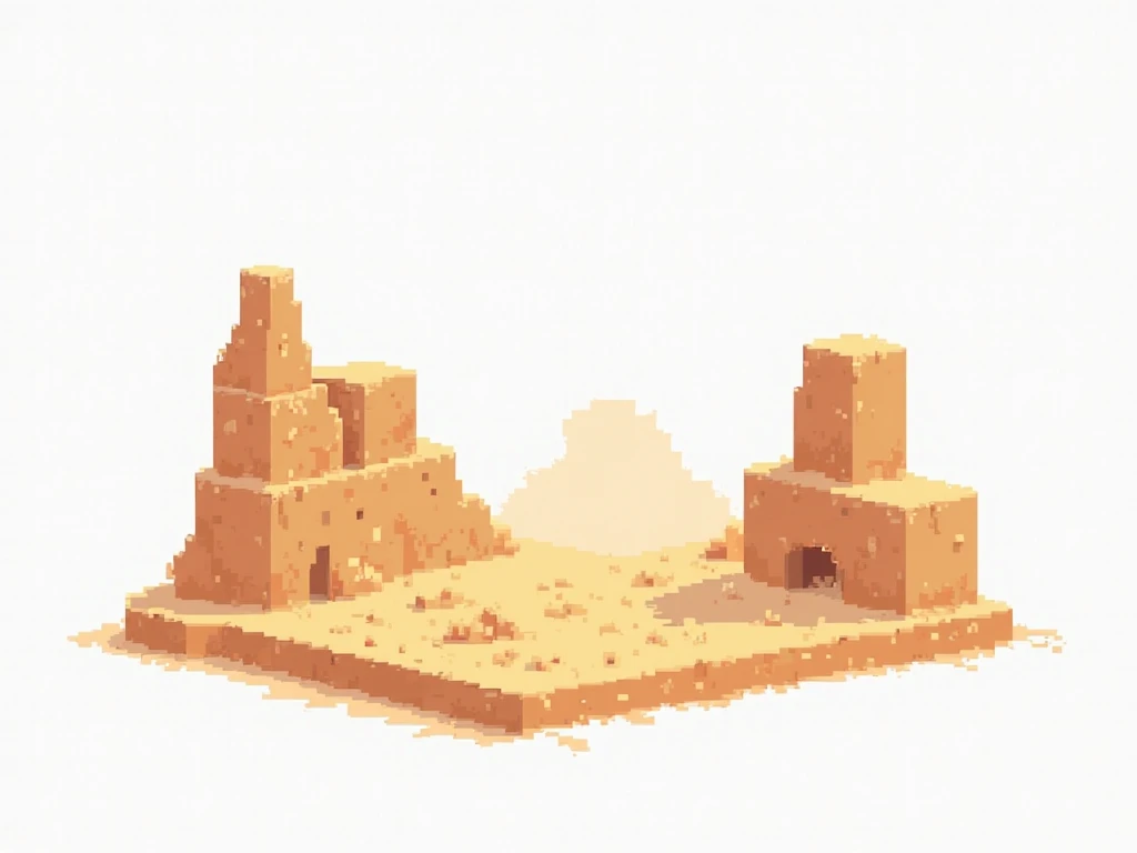 A 2D pixel-art desert landscape in a platformer game style, designed with a fully square, block-based structure. The scene should feature sandy terrain with simple, layered platforms, using a limited color palette of warm earth tones. The platforms should ...