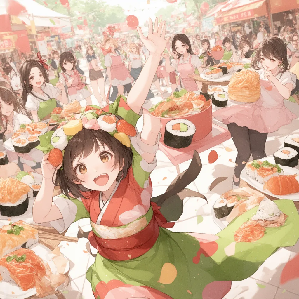 A group of young, anime-style girls are celebrating, at a food festival.  A girl with brown hair, light skin, and large eyes, positioned center-right in the image, is wearing a vibrant, traditional Japanese-style dress (kimono) with multiple colors; green,...