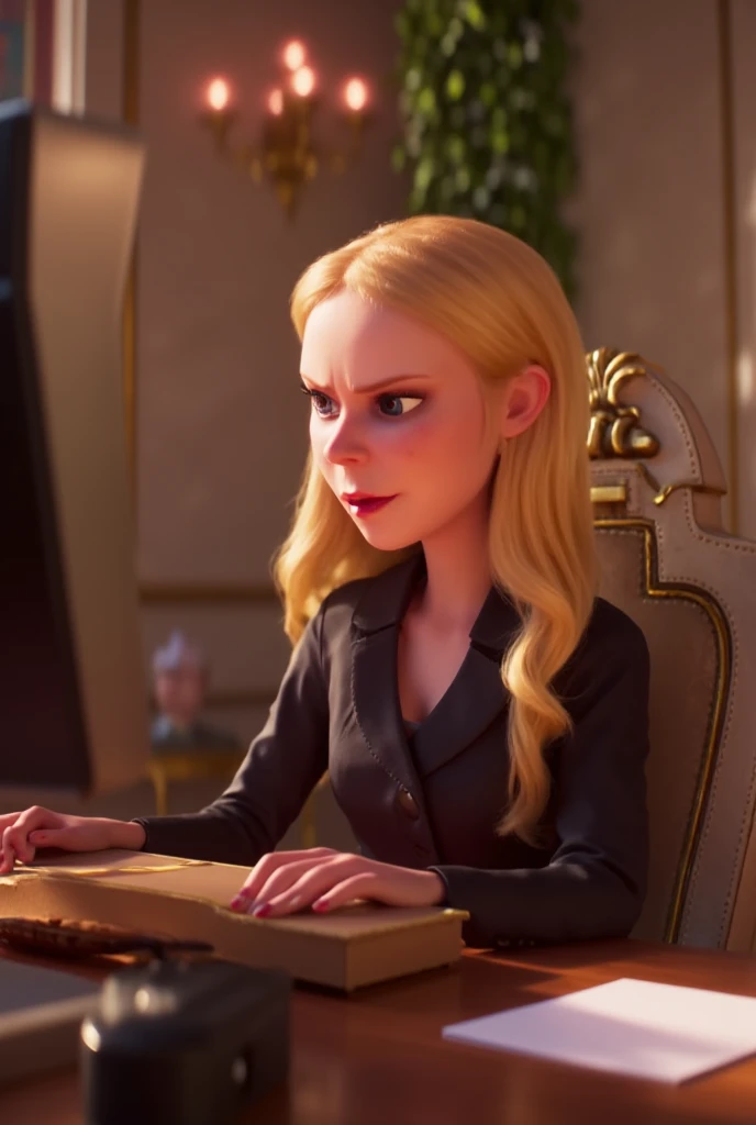  beautiful girl with long blonde hair,  detailed eyes, nose, And , He wears formal clothes, sitting in her office, using her computer, HP  (best quality,4K,8k, highres,is a wonderful painting:1.2),  highly detailed ,(really,photoreally,photo-really:1.37),h...