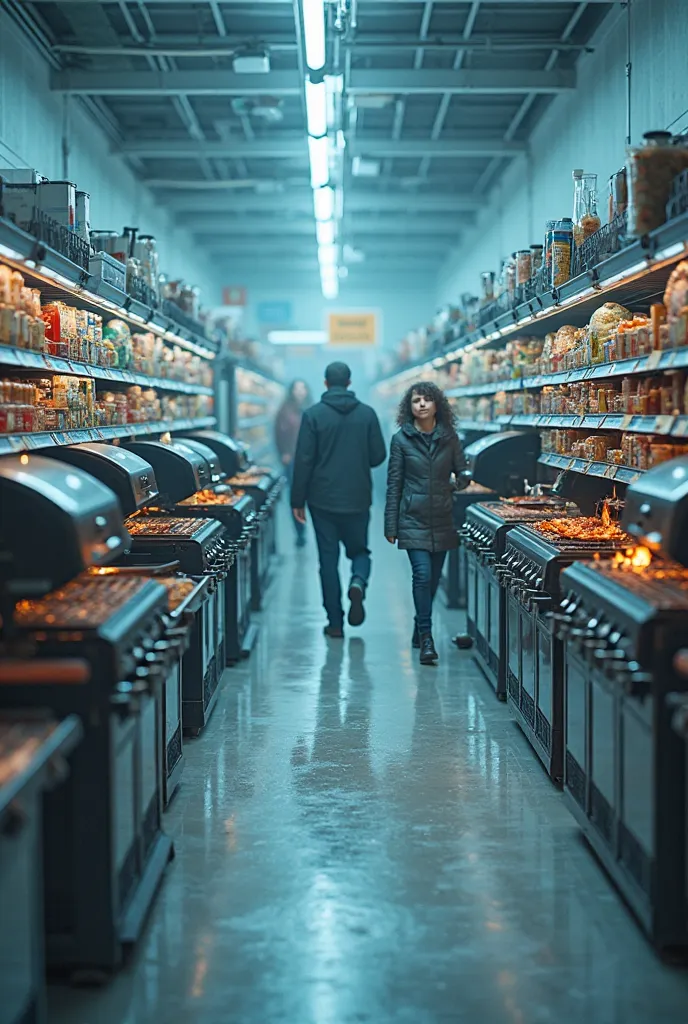 Freezer at a grocery store with shelf’s as barbecue grills