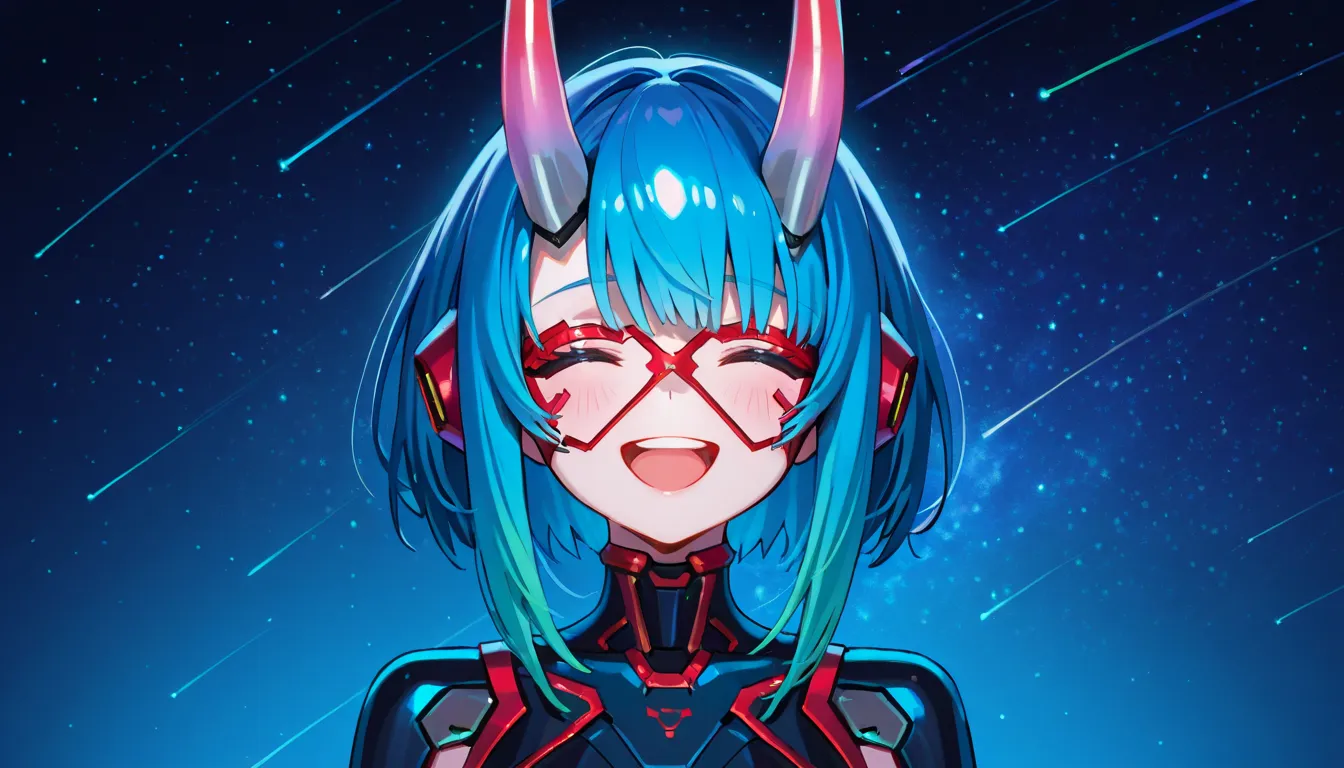 laughing girl, close-up of woman in black suit with horns on her head, cute cyborg girl, cyber suit, beautiful cyborg girl, perfect girl, girl in cyber armor, cyberpunk art, cyber suit, humanoid cyborg body, starry sky background, high resolution, maximum ...