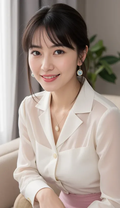  attractive mature woman with only a young face, ( detailed description of the hair), (  face ), ( body that reached its climax ), HD ,  masterpiece,  top quality,  ( Head to Knee Composition :1.8)、( gentle smile:1.3),high detail, formal: 1.4), (realistic:...