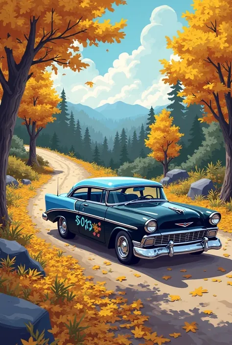 Spring yellow leaves fallen car on the side in 2D style like in games, the SOTS lettering on the photo blue and black, the car is also in blue and black, the beautiful landscape on the track