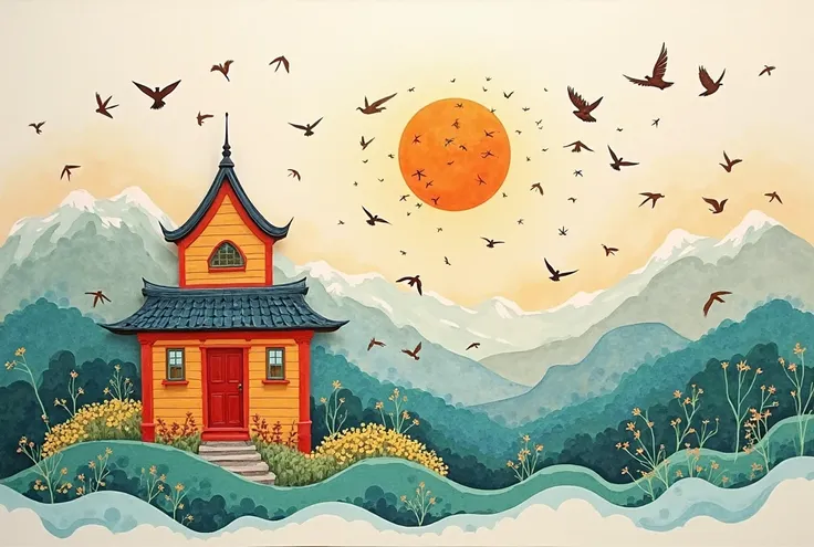  Create an image:「Japan and Cultural Diversity I want to display the big title」in red,Rosado ,   yellow , Art paper painting of a house with flying birds and a house in light blue and green  