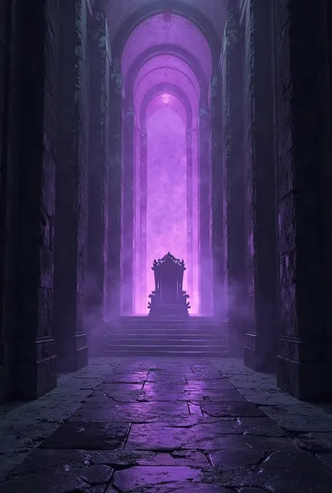 A dark corridor with a throne at the end is a mysterious purple light