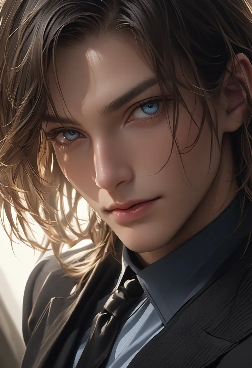 garpard uliel, dark brown shoulder length hair, sensual smile, blue eyes, wearing a well-tailored elegant suit, intricate details, realistic portrait, cinematic lighting, high contrast, dramatic shadows, warm color tones, photorealistic, award winning digi...