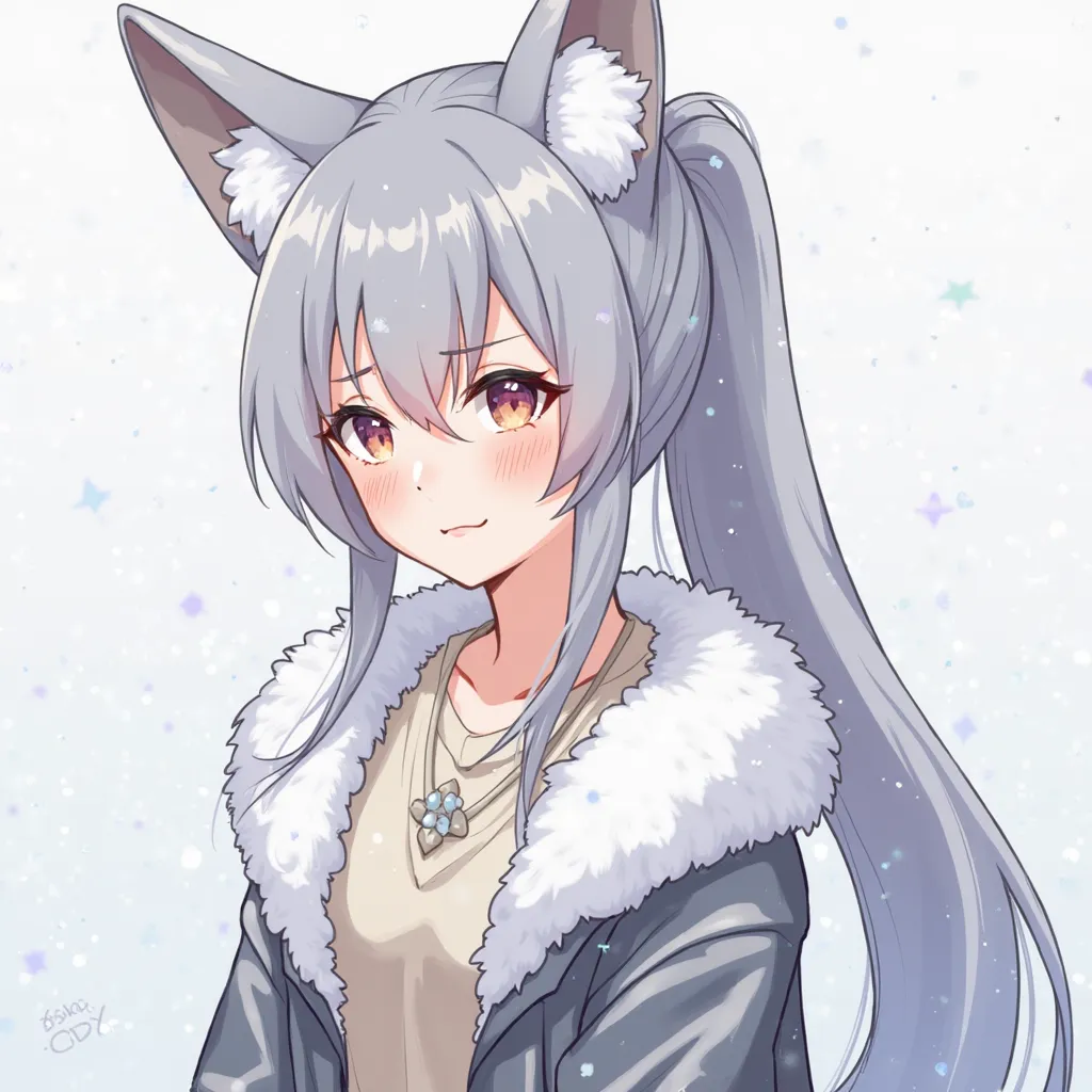 Snow Winter Female Adult Side Ponytail,  long hair, anime,  toro face, High Resolution, chest,  blushes, first-person perspective, textured skin, Fox Ears, 大きなchest, Gray Hair, gradient color hairstyle, 