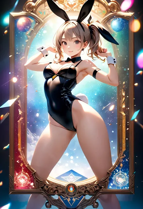 Intellectual beauty,  orange disheveled half-up hair, compensate, adorable cool face , wearing the best body proportions , Playboy Bunny Wear, Tarot card style background picture frame,  shading effect , gradation magic effects where two worlds merge, mist...