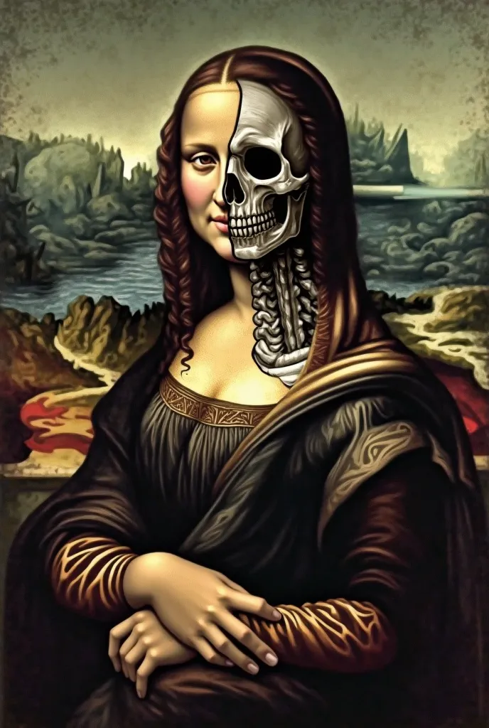 Mona Lisa with half her face like a skull