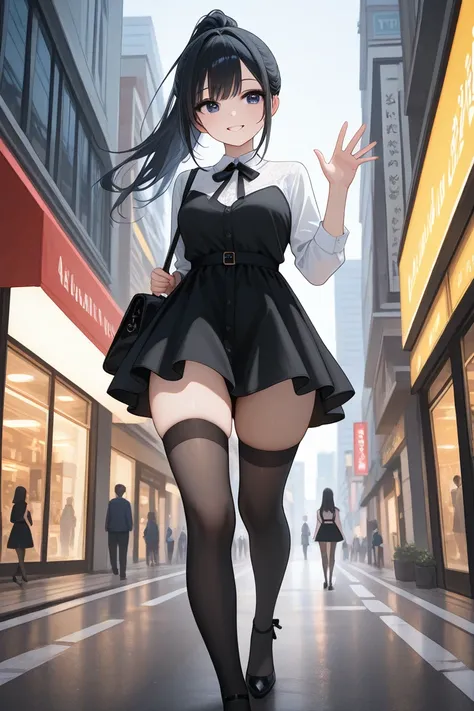 1girl, mini skirt, shirt, ponytail, black hair, dark blue eyes, thighhighs, elegant, long hair, juicy thighs, black dress, short dress, bare thighs, walking, outdoors, street, waving without energy, 