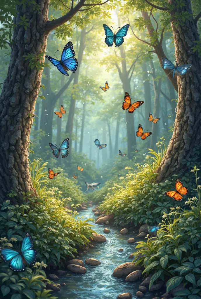 Create an image of a forest with butterflies with the theme my favorite pastime 