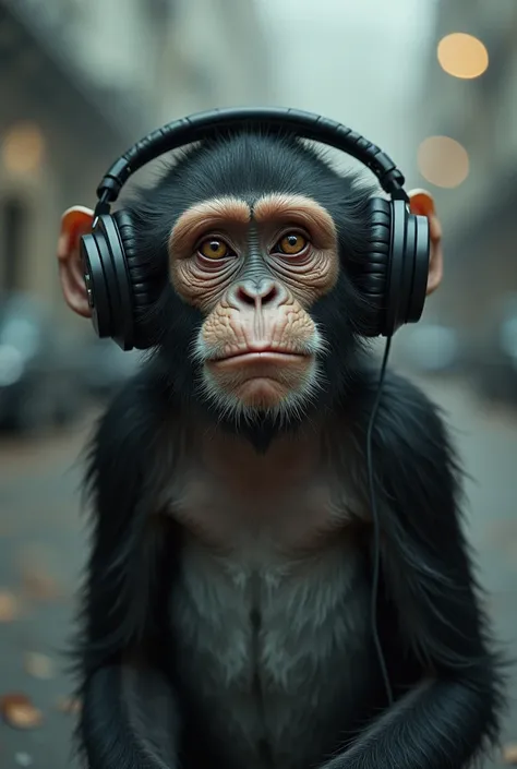 Monkey wearing headphones, standing listening to music, sad face 