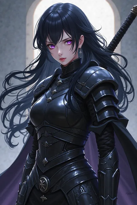 (maximum quality, best quality,  official art , beautiful and aesthetic:1.2) female anime, rebellious girl, serious and closed personality, black hair,  purple eyes,  fair skin, Armadura preta, Heavy Sword .