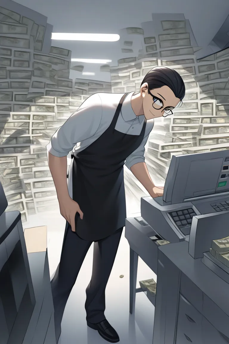 Glasses man、cutter shirt and apron、 no background、Black hair、Hair style slicked back、Standing at the cash register、 in the room、 slender man from side/bottom、 so smiling、