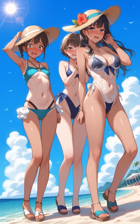 see-through swimsuit, females, beach, audience, cry, bashfulness, embarrassed, sobbing, tan skin, sad, anime, see-through swimsuit, see-through swimsuit, 