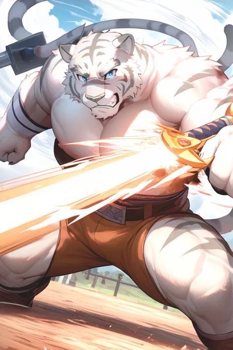 Zero Mercenaries,Mercenaries of the Evil One, cat, Mammals,  white tiger,fur, Grey Nose,  blue eyes, male,  muscular, Great Sword, Stance, battle, fight, battlefield, spark, Stormy Wind, furで覆われた, muscular, tail, Serious Eyes by Experts, roar, anger, motio...