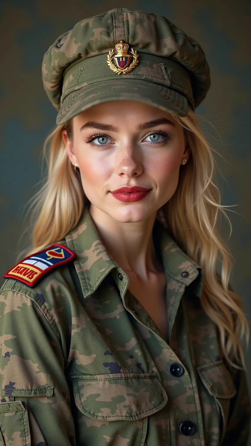 (Best quality, Highly detailed, Image realism: 1.37), Highly realistic cinematic portrait of a young Dutch woman in a military setting, wearing a camouflage military uniform with rolled-up sleeves. The uniform features detailed textures, including visible ...