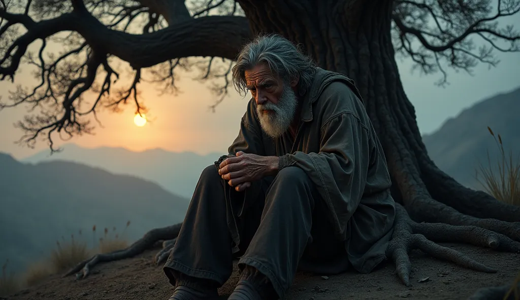 A Sinful Man in Deep Thought – A rugged, elderly man with sorrowful eyes sits alone under a tree at dusk, reflecting on his sinful life, his face full of regret.