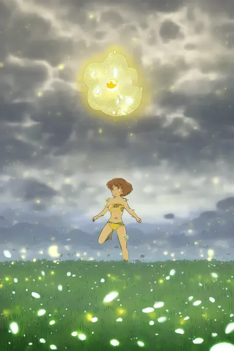 (studio ghibli) Nausicaa in her iconic explorer outfit, is walking through a wasteland area, she is taking off her explorer outfit to reveal a yellow bikini near a small swimming hole that has some small white flowers ringing it, small patches of cute glow...