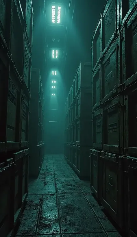 A dark warehouse filled with crates stamped 'Confidential - Alien Artifacts,' glowing faintly from the inside