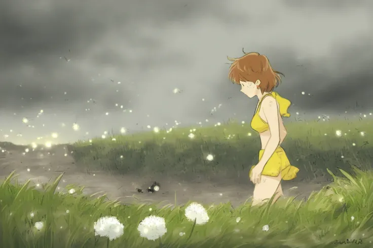 (studio ghibli) Nausicaa in her iconic explorer outfit, is walking through a wasteland area, she is taking off her explorer outfit to reveal a yellow bikini near a small swimming hole that has some small white flowers ringing it, small patches of cute glow...