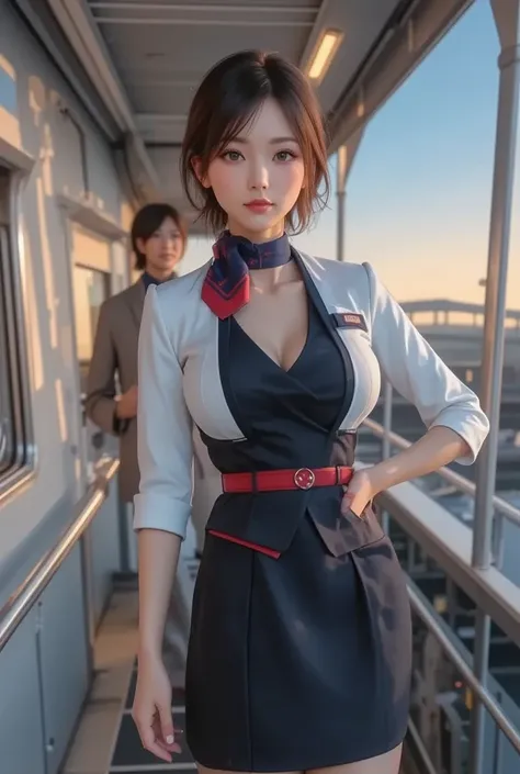 NSFW,   score_9,   score_8_up ,   score_7_up , sup er detailed,  BREAK Complete Anatomy    ,     beautiful face and eye details curved forward ,  1 sexy woman  ,    .  cabin attendant、 enchantment、  take off your jacket、   black hair,     straight hair  ,a...