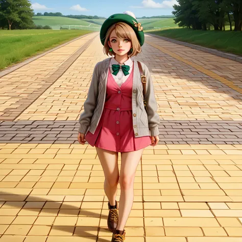 score_9, Gloria, light brown eyes, green wool hat, green diamond earrings, gray cardigan, open cardigan, knitted cardigan, pink dress with short skirt, panties showing, dark green naughty panties, walking, (narrow yellow brick road:1.5), low red brick wall...