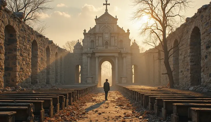 The Good Shepherd's Church, Once majestic, est maintenant en ruines spirituelles et physiques. Les bancs sont vides, collapsed pieces of stone litter the ground. A light wind raises the dust, giving an impression of abandonment and sadness. Au loin, some w...