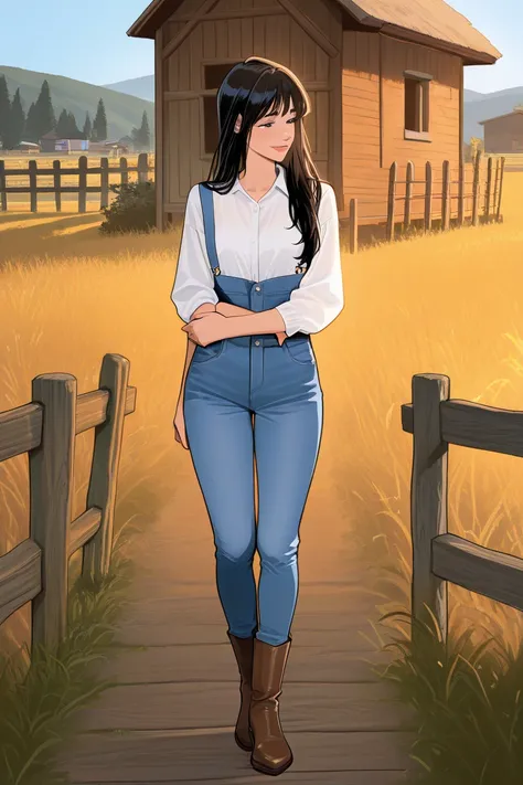 side profile, in front of each other of an attractive couple leaning on a farm fence, white shirt, jeans, boots, he is holding her waist full body 