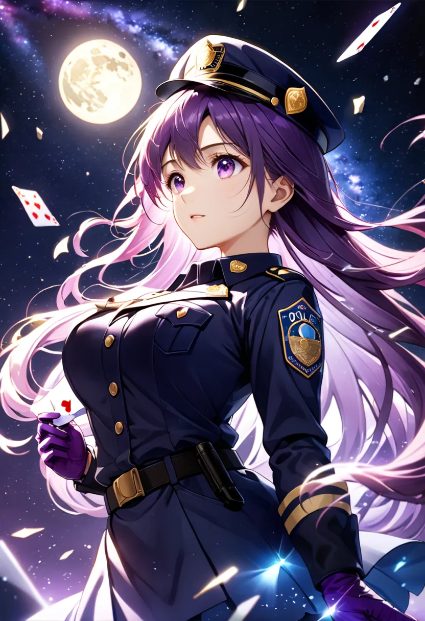 (( fantasy　purple hair　 long hair　purple eyes　 Female police officer 　Star Badge　 cop hat　Chest opening　 lonely　despair))　((Spade playing card　broken glass　gloves　 Milky Way))　(comet　moon)　Catching the Wind　autumn　Glowing purple background　 light particles...