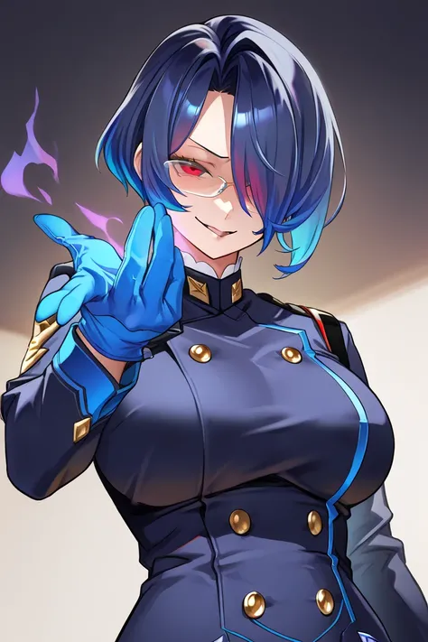 Uniform 1 Big Breasted Girl, blue hair, multicolored hair, detailed eyes, blue glove, red eyes,  short hair, hair over one eye, cropped azul, mature woman,  evil smile, naughty expression,  clear glasses 