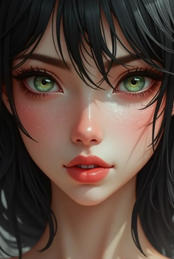 A beautiful woman, very realistic, with very detailed, beautiful lips, very beautiful green eyes with detailed features, almond-shaped eyes, detailed black hair, and fair skin with detailed features, a face with white skin, with a sexy head, and who could ...