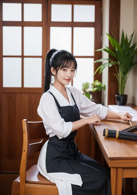 masterpiece,best quality,4k,looking away,looking at another,beautiful Japanese 20Yeas-old girl, hight 167cm,black hair,bangs,high ponytailsolo,black hair,blown eyes,small breasts,slim body,smile,winter fassion,apron,indoor,wood house,sitting chair,wooden s...