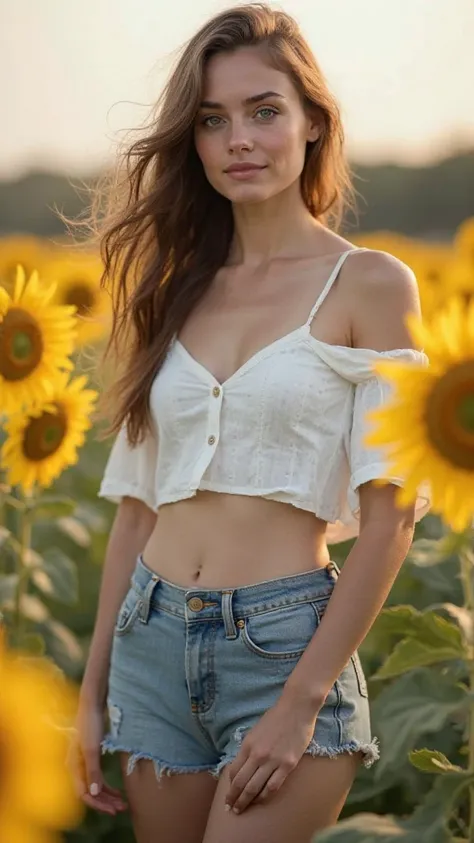 Generate a young woman with white skin, blue eyes, brown hair wearing short denim shorts and a short white blouse in a field of sunflowers, looking at the camera taken with a very realistic professional DSLR camera.